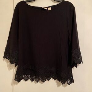 Chico's Women’s Elegant Black Lace Trim 3/4 Sleeve Round Neck Top/Blouse, SZ 3P